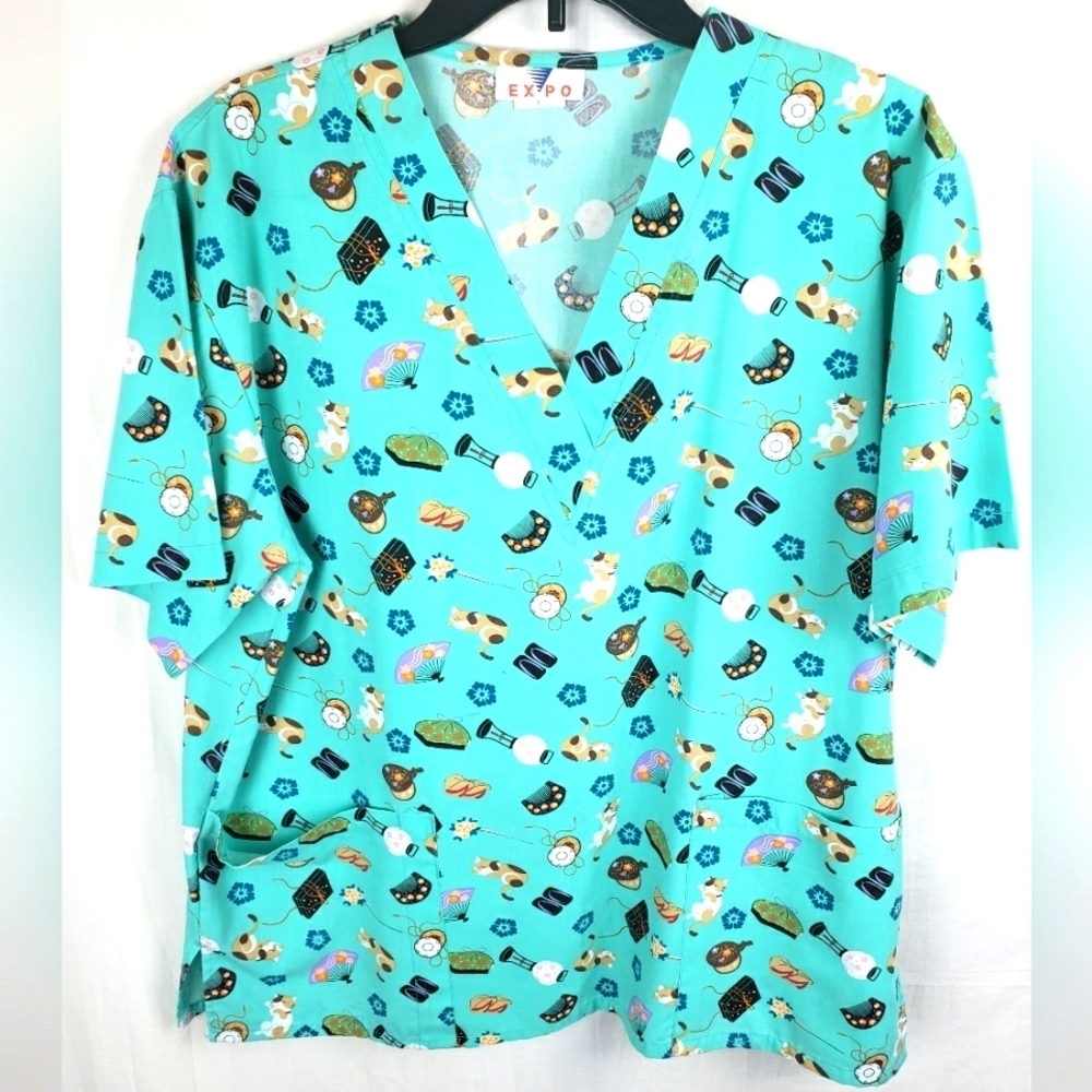 Expo "Cats" Teal Scrub Top Sz L